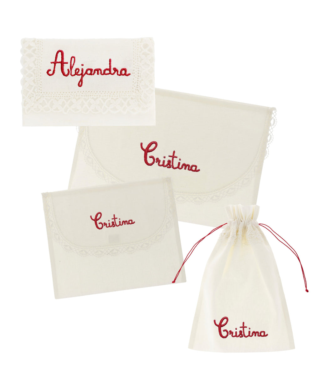 Set of three white drawstring bags with red embroidered names on a white linen pouch