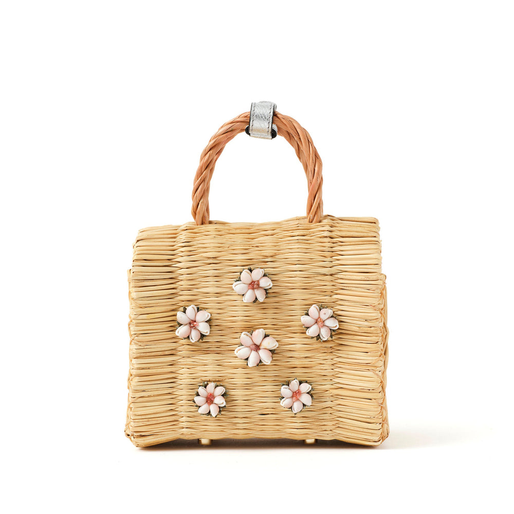 Shella Mini Silver basket bag by Heimat Atlantica, handwoven in Portugal from reed and finished in Spain with an Atlantic shell charm.  Inner detail in Silver. General view.