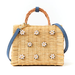 Shella Denim Classic basket bag by Heimat Atlantica, woven in Portugal from reed and finished in Spain with an Atlantic shell charm.