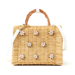 Shella Medium White basket bag by Heimat Atlantica, handwoven in Portugal from reed and finished in Spain with an Atlantic shell charm. General View. 