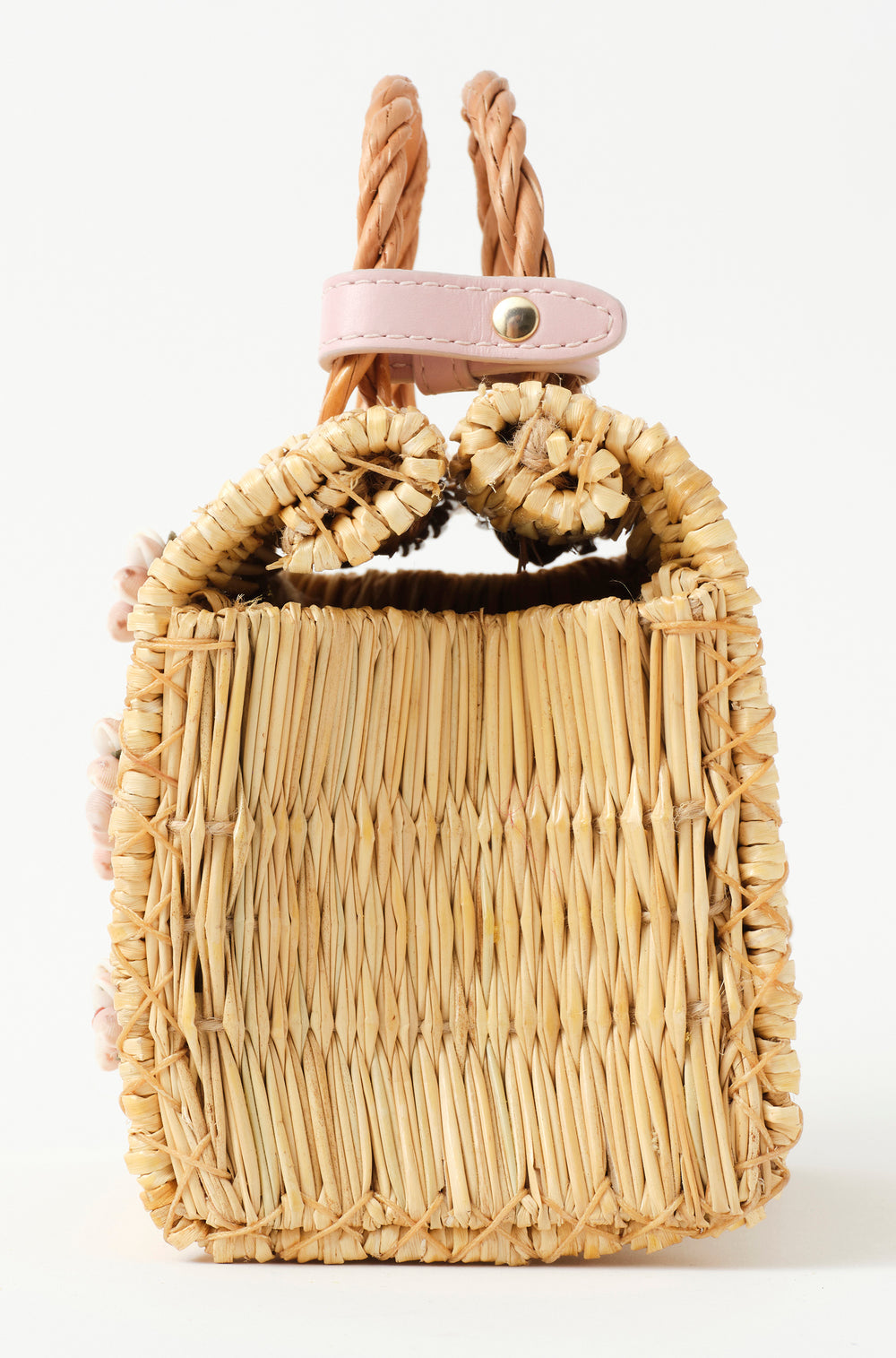 Shella Vallentines Pink limited edition basket bag by Heimat Atlantica, woven in Portugal and finished in Spain with a blush pink Atlantic shell centerpiece.