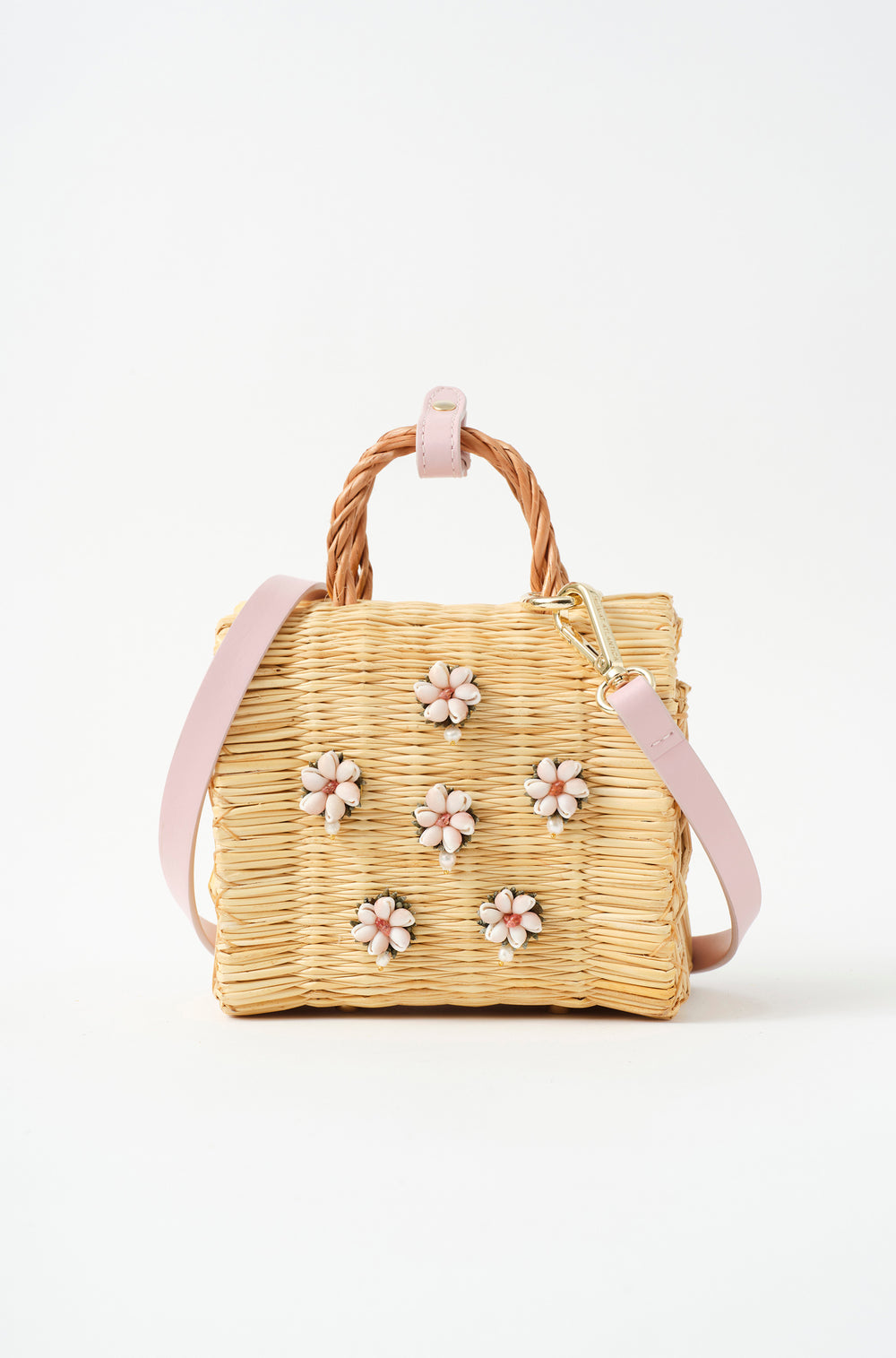 Shella Vallentines Pink limited edition basket bag by Heimat Atlantica, woven in Portugal and finished in Spain with a blush pink Atlantic shell centerpiece.